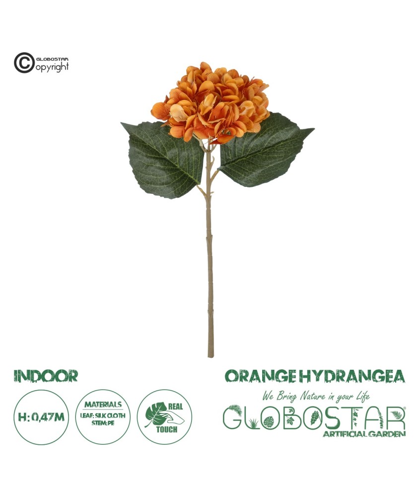 GloboStar® Artificial Garden ORANGE HYDRANGEA BRANCH 21179 Τεχνητό Διακοσμητικό Κλαδί Ορτανσίας Πορτοκαλί  Y47cm